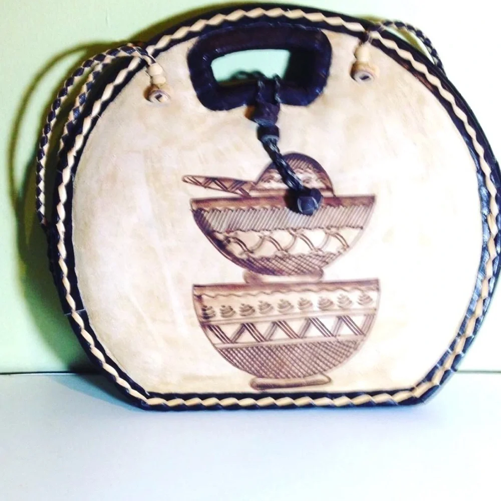 Handcrafted handmade Africa  Tan and brown leather suede woven straw Round Bag